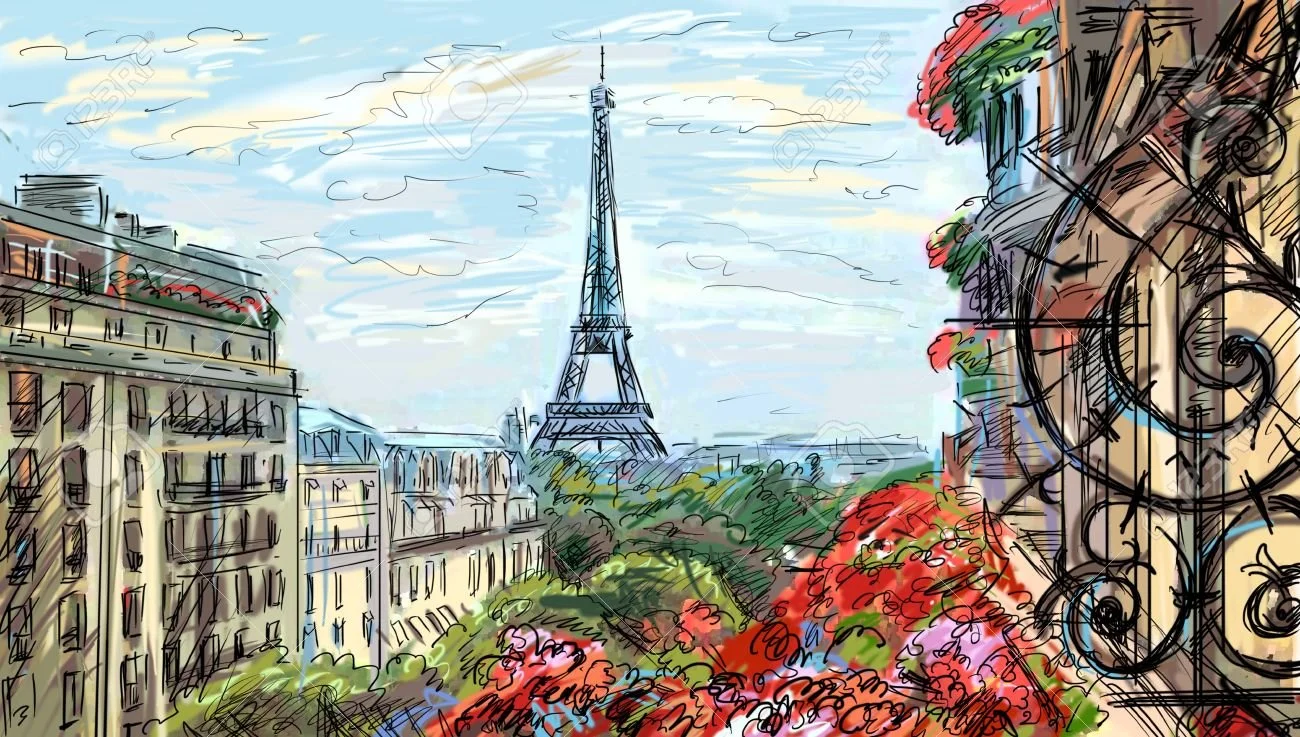 Colorful sketch of Paris scene featuring the Eiffel Tower, surrounding buildings, and vibrant autumn foliage from a balcony with ornate iron railing.