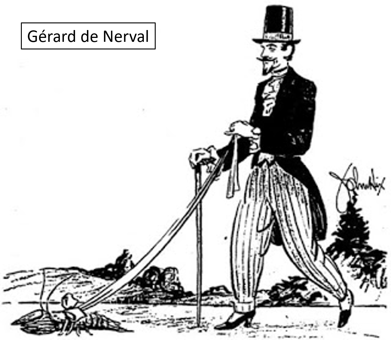Black and white illustration of Gérard de Nerval in period costume, with a tall hat, striped pants, and a cane, standing outdoors with a small tree and landscape in the background.