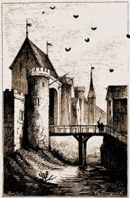 A black and white drawing of a medieval castle with towers and a bridge over a river, with birds flying in the sky.