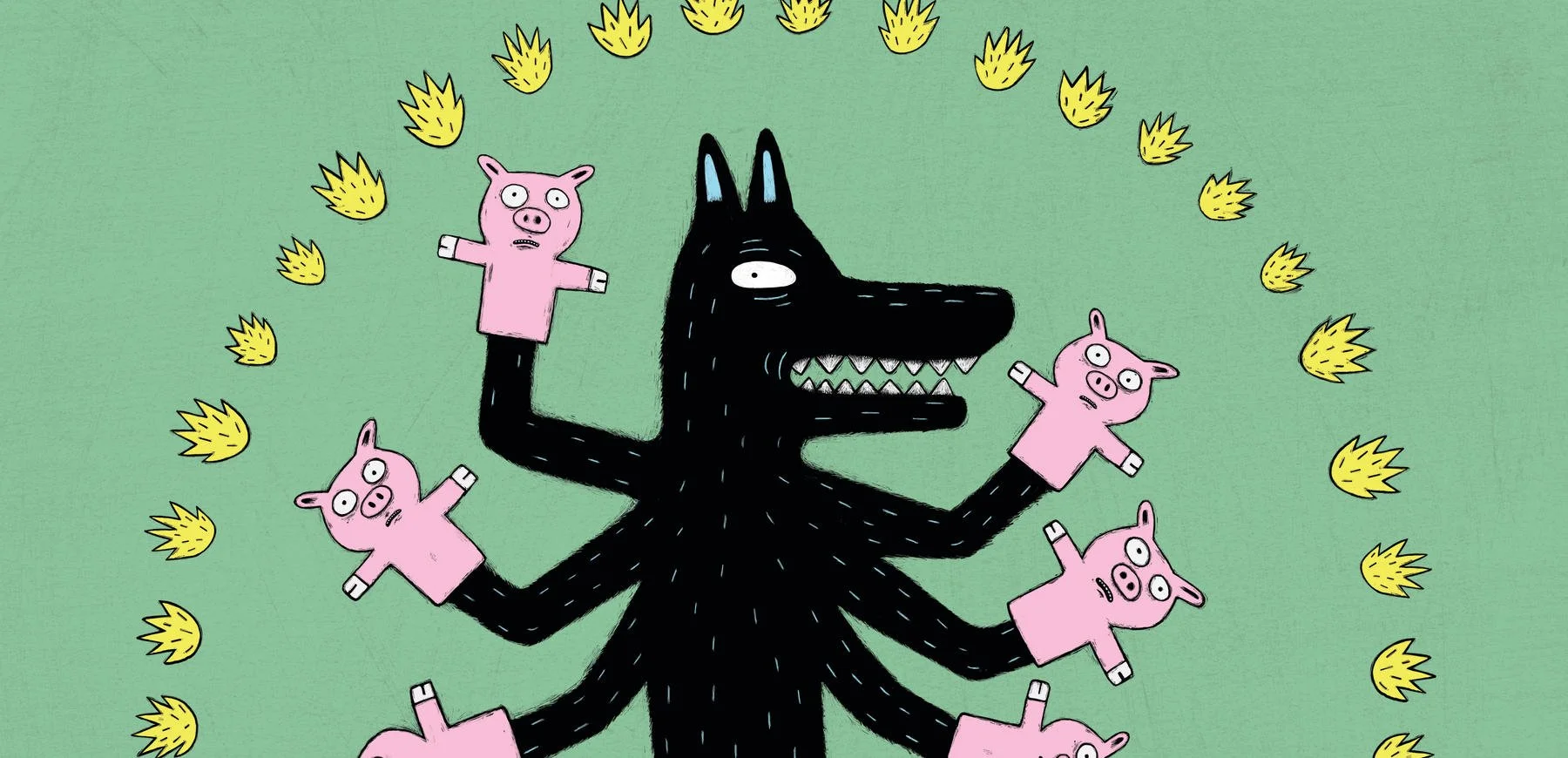 An illustrated black wolf with multiple arms holding pink pigs, surrounded by yellow flames on a green background.