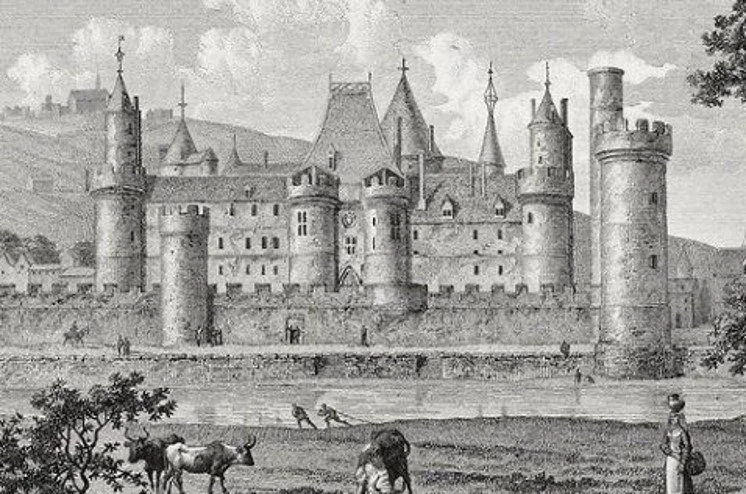 Black and white drawing of a medieval castle with multiple towers, surrounded by a moat, with horses and a person in period clothing nearby.