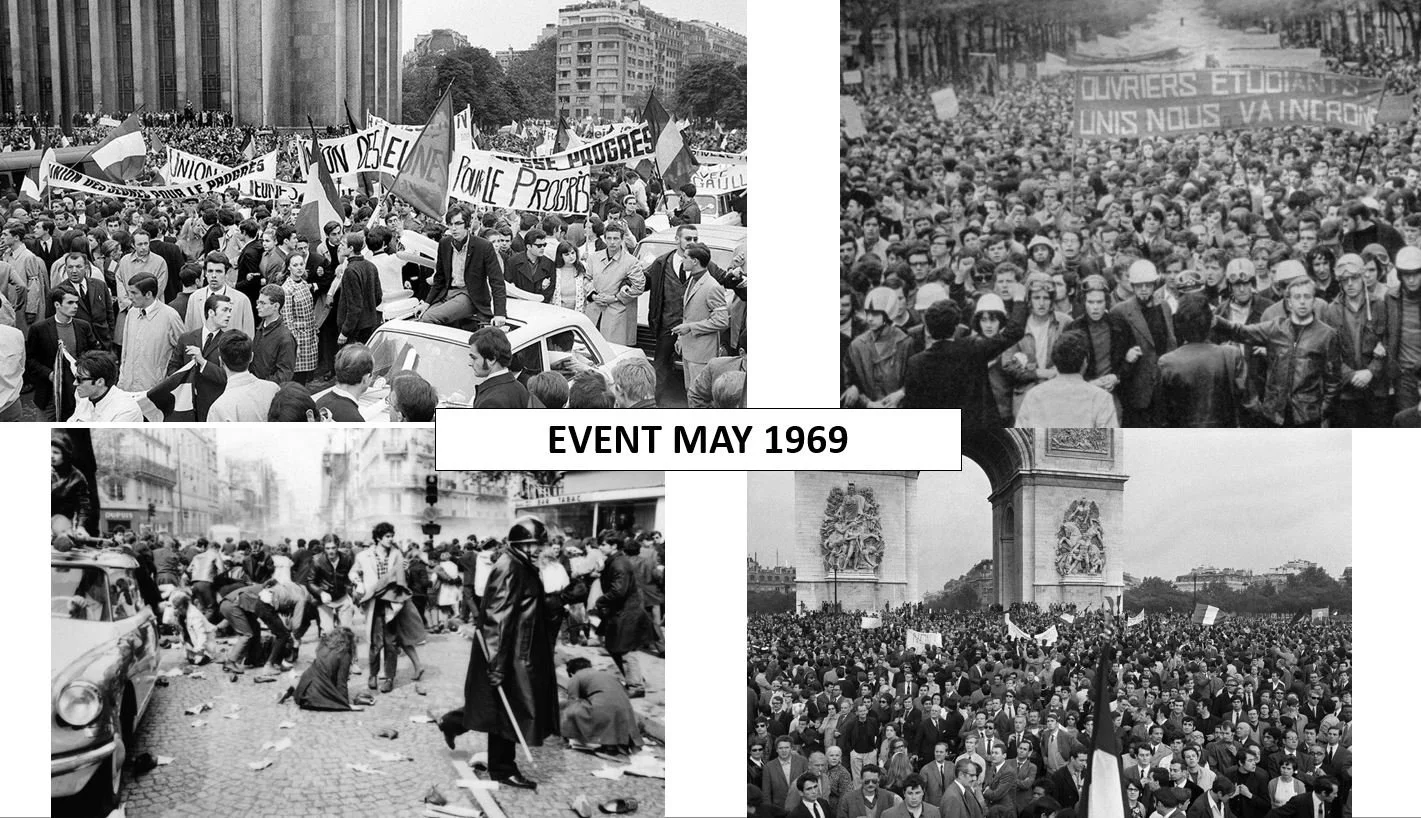 Collage of four black-and-white photos depicting protests and demonstrations in May 1969, featuring crowds holding banners and signs.