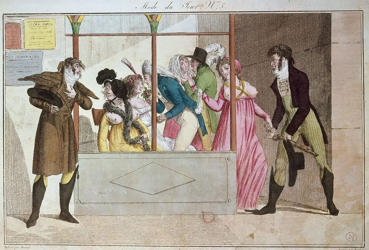 A theatrical scene with actors in 18th-century costumes, including a woman sitting on a stage, two women in pink, and men in wigs and period clothing, with one man holding a cane, suggesting a performance or play.