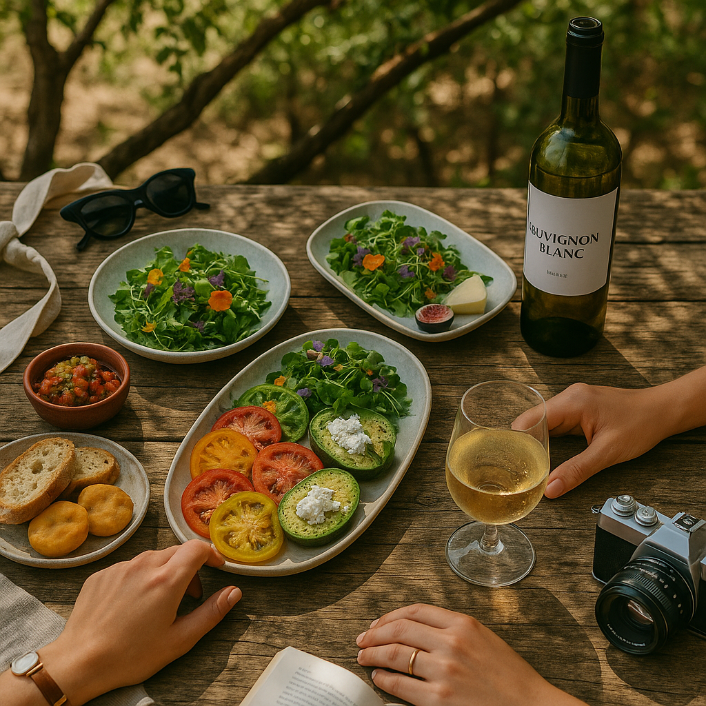 A picnic table outdoors with various dishes including salads, sliced tomatoes with cheese, bread, a bowl of salsa, a bottle of white wine, a glass of white wine, a camera, sunglasses, and hands reaching for food.