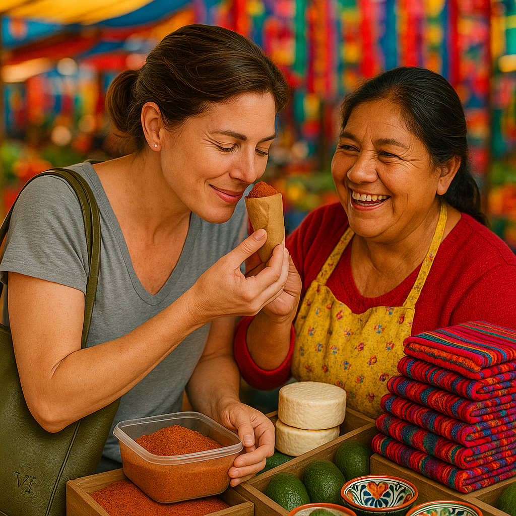 Two women smiling at a marketplace, one offering a small taco-shaped snack to the other. The vendor is wearing a yellow apron and there are stacks of colorful folded textiles, limes, and bowls of spices and cheese nearby.