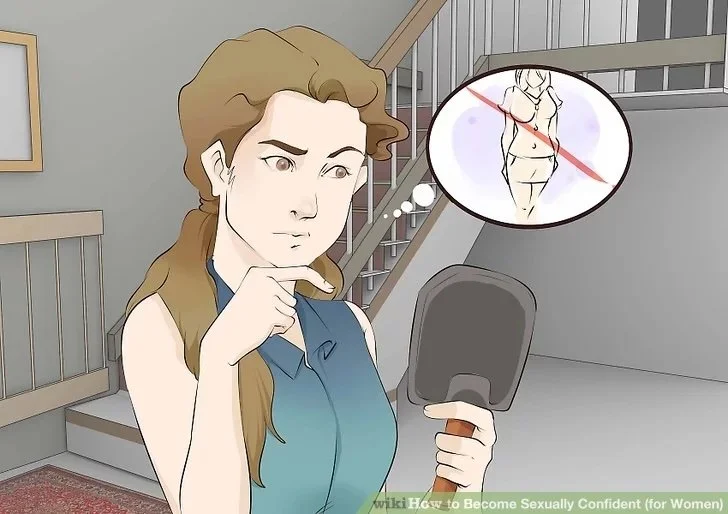 Woman looking in mirror with a thought bubble expressing body image concerns