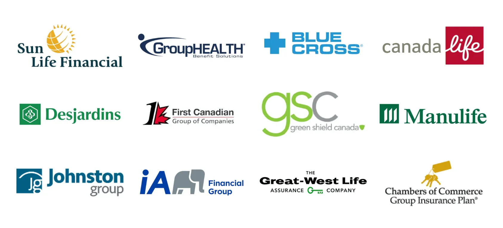 Collection of logos from various Canadian insurance and financial companies, including Sun Life Financial, Group Health Benefit Solutions, Blue Cross Canada, Life, Desjardins, First Canadian Group of Companies, Green Shield Canada (GSC), Manulife, Johnston Group, IA Financial Group, Great-West Life Assurance, and Chambers of Commerce Group Insurance Plan.