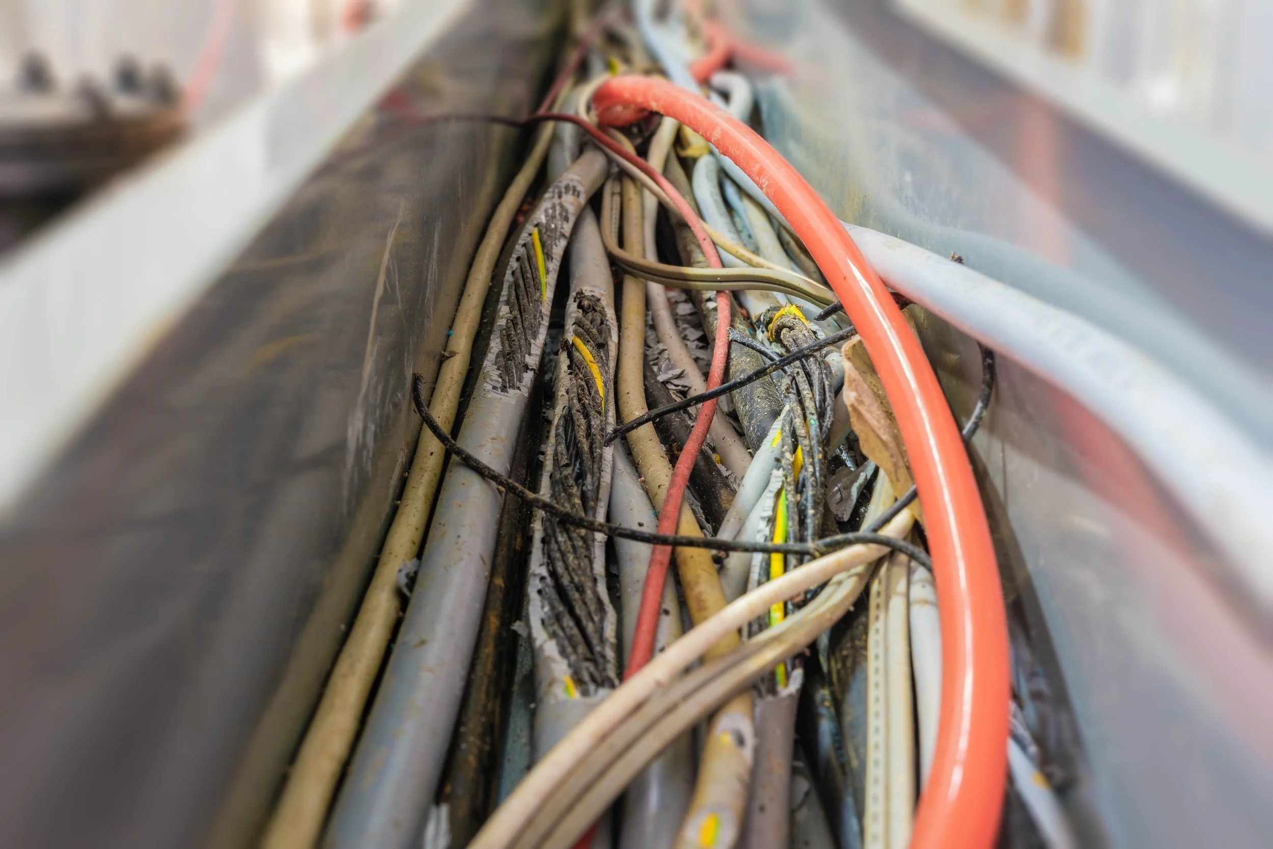 Close-up of damaged wires due to rodent gnawing.