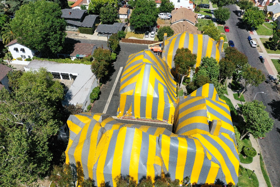 An aerial view of a community fumigation project.