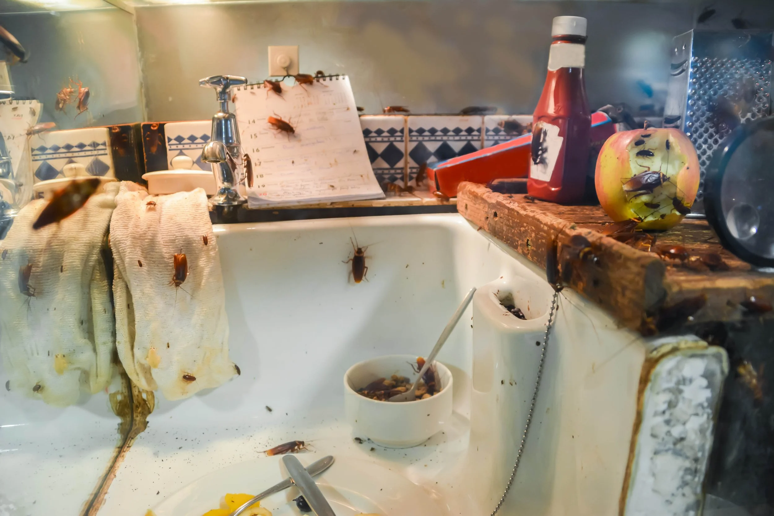 Dirty kitchen sink filled with dead cockroaches, plus other cockroaches on the countertop and hanging from the towel; all in a disorganized and unclean environment.