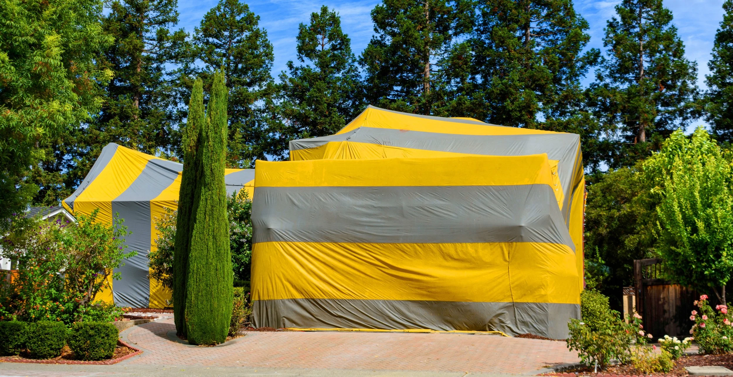 A house covered for fumigation.