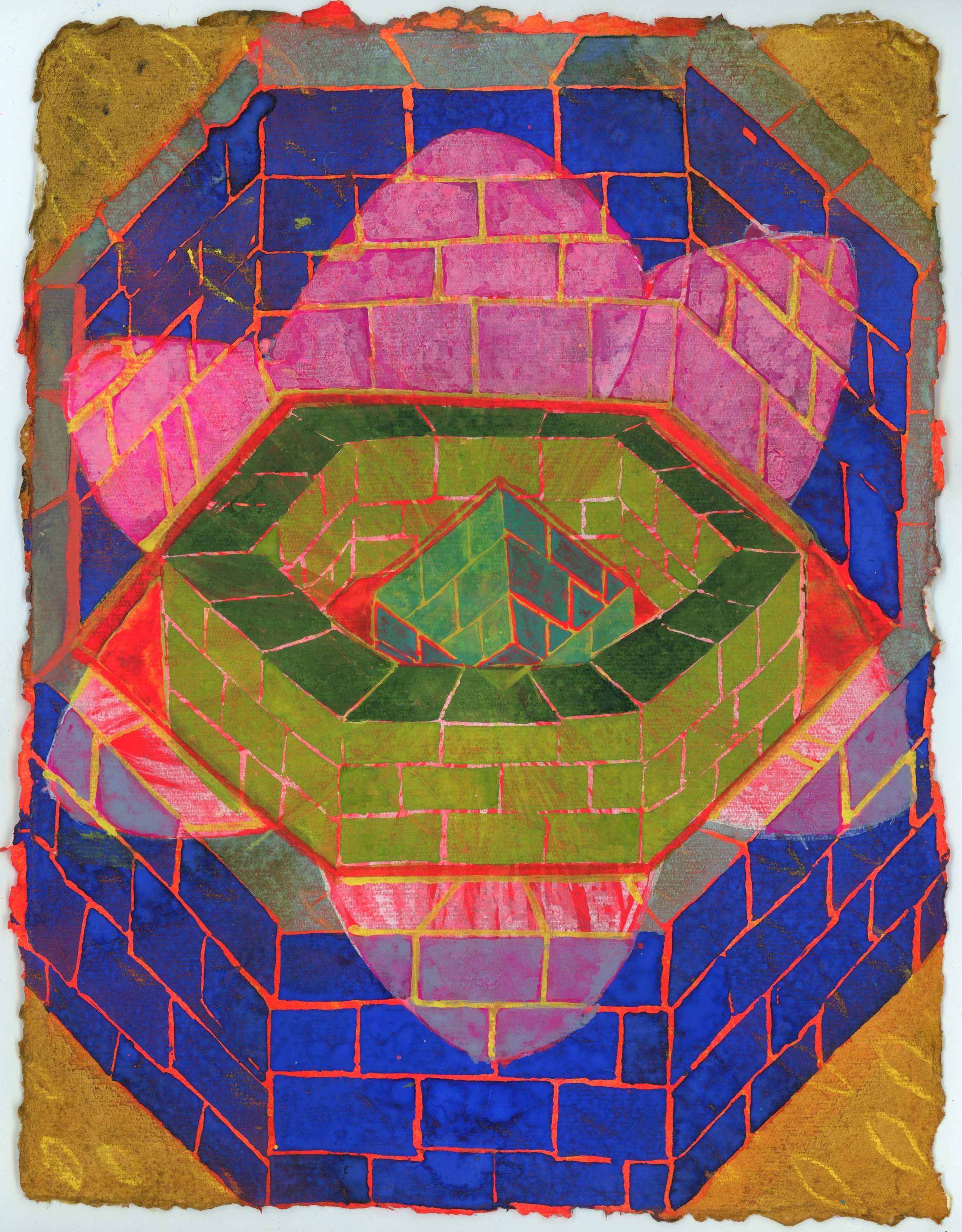 A colorful, abstract painting of a face with geometric shapes, including a pink nose, green lips, and blue eyes, with a brick-like pattern and vibrant colors.