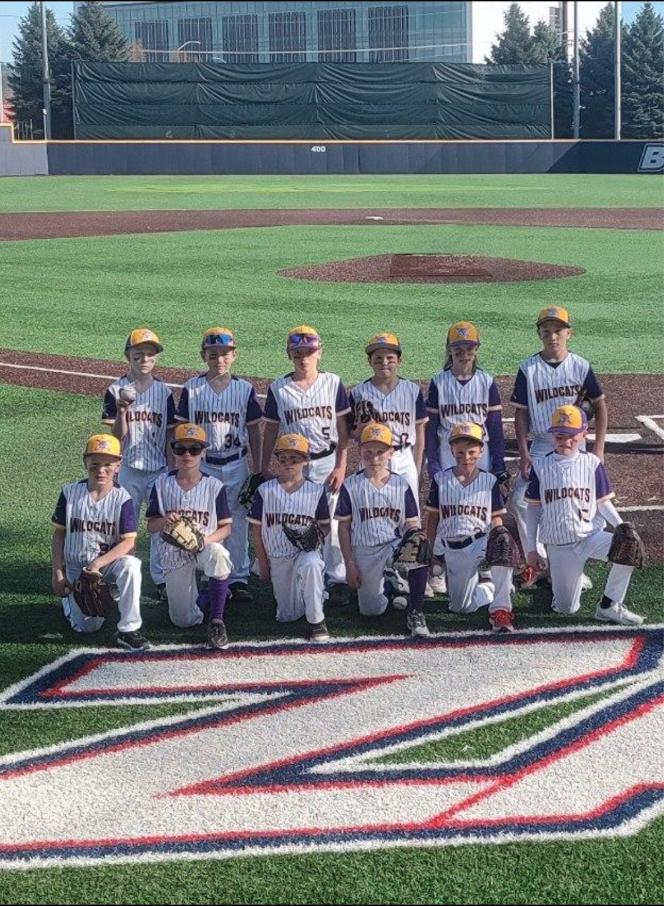 Youth baseball team called Wildcats posing on the field before a game, wearing white pinstripe jerseys and yellow hats, with a large "Z" logo on the turf.