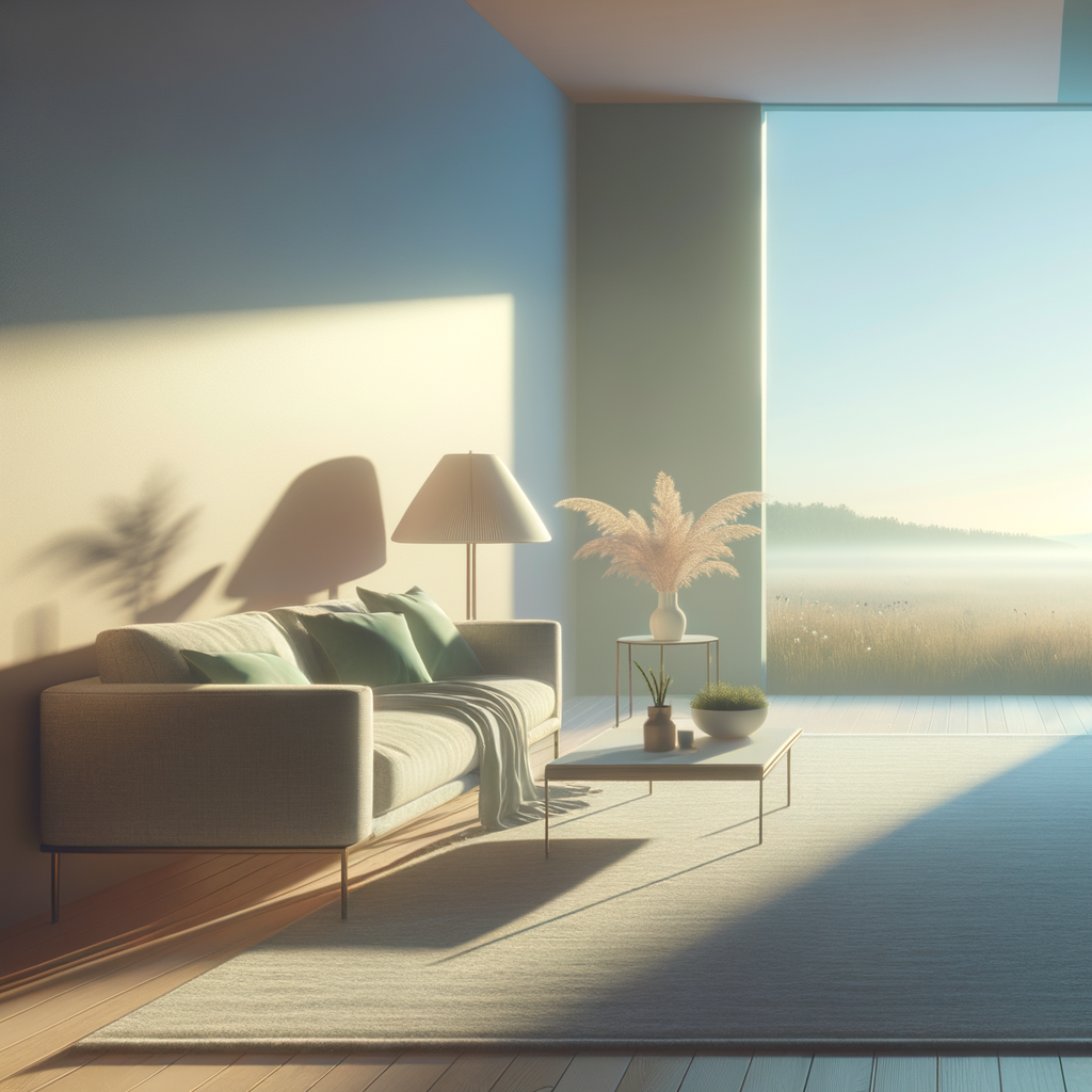 Living room with a white sofa with green pillows, a lamp casting shadows, a small table with a vase of pampas grass, and a large window showing a misty landscape at sunrise.