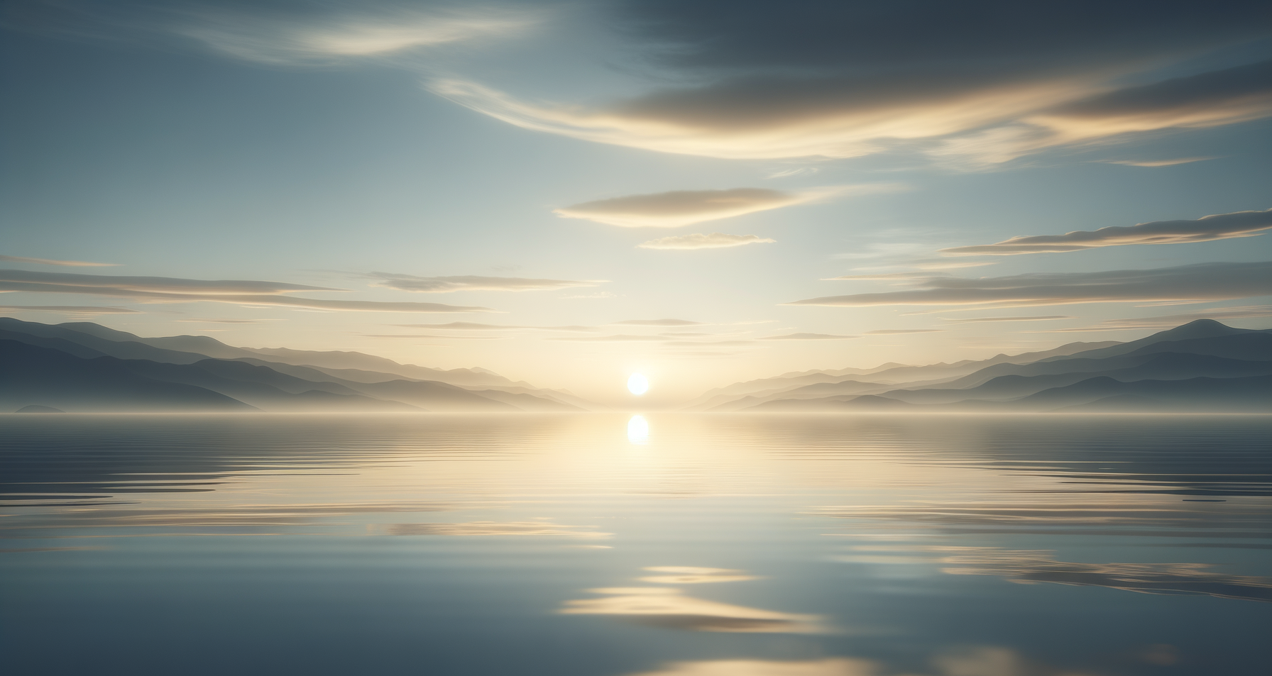 Sunset over calm water with mountains in the background and a few clouds in the sky.