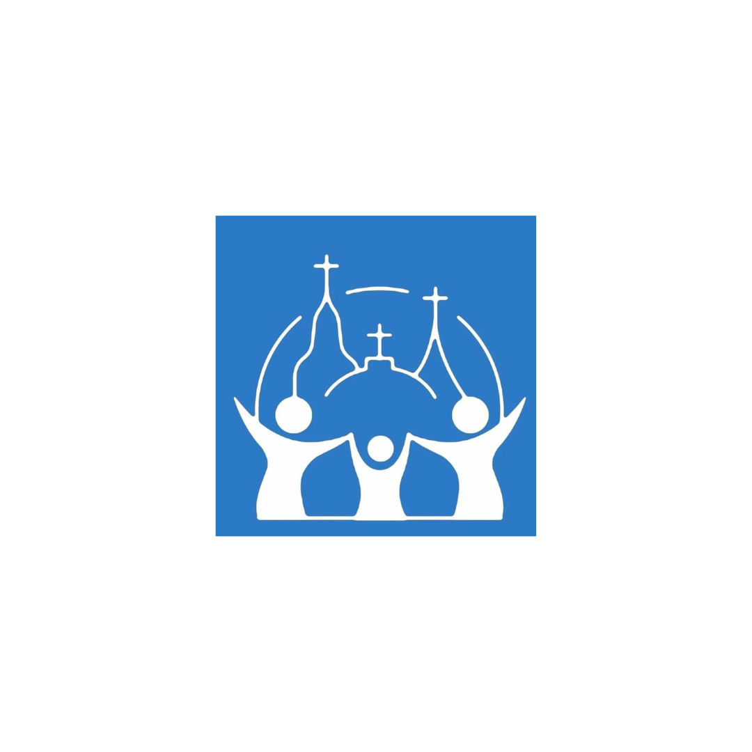 Logo with three abstract figures holding construction resembling spires and crosses, set against a blue background.