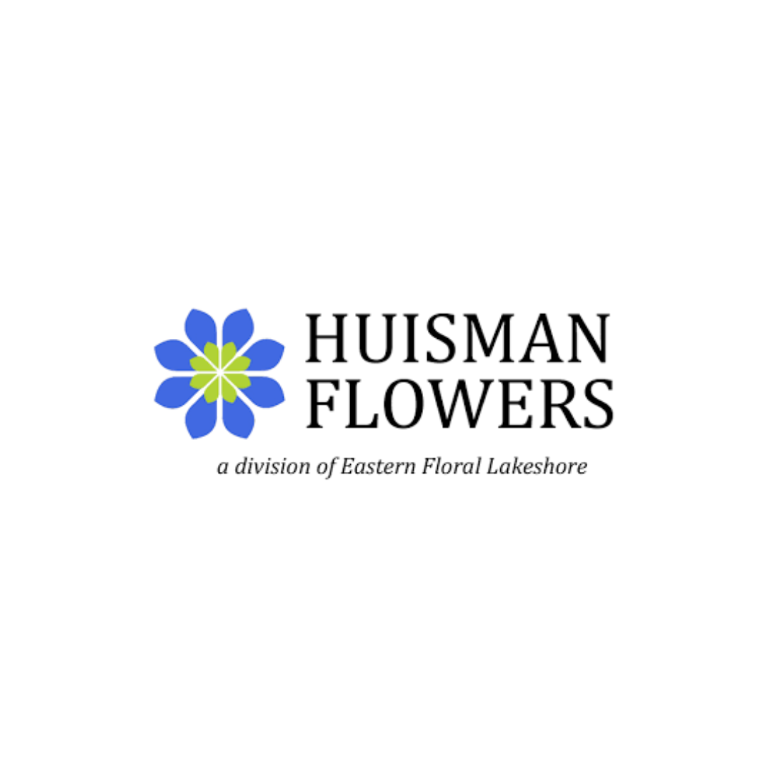 Huisman Flowers logo with a blue and green flower graphic, company name in bold black letters, and a tagline 'a division of Eastern Floral Lakeshore' in cursive.