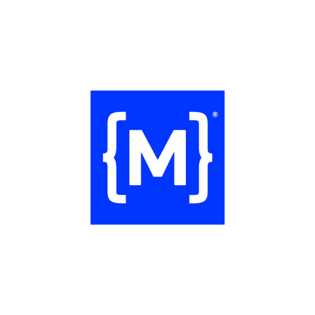 Blue logo with a white letter 'M' inside a white curly bracket and brackets around it.