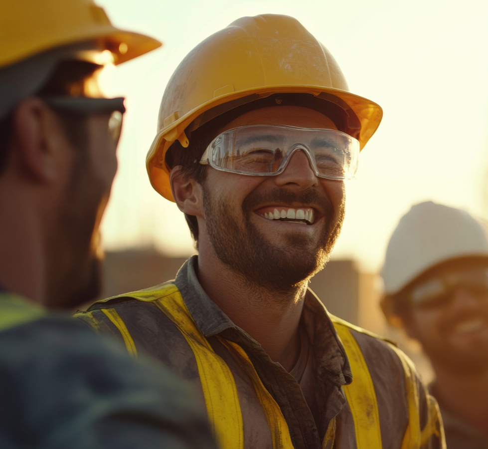 Construction worker smiling, representing a positive work culture.