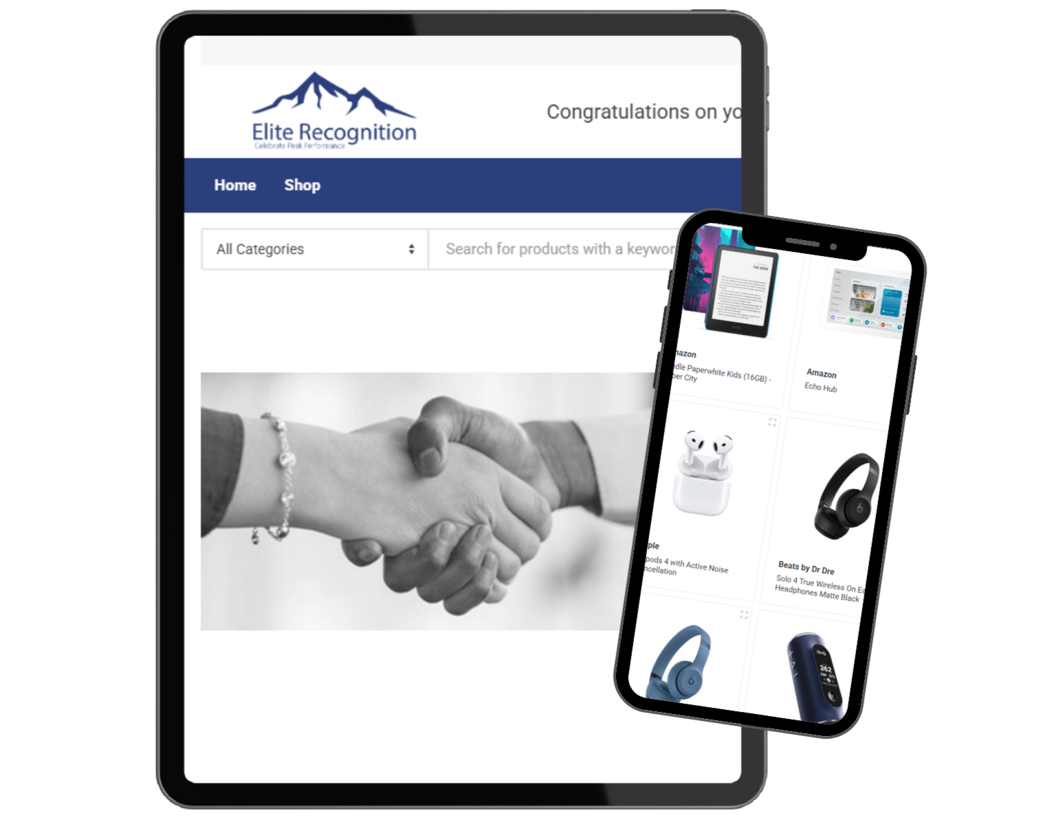 Visual example of an employee recognition and employee rewards program on mobile devices.