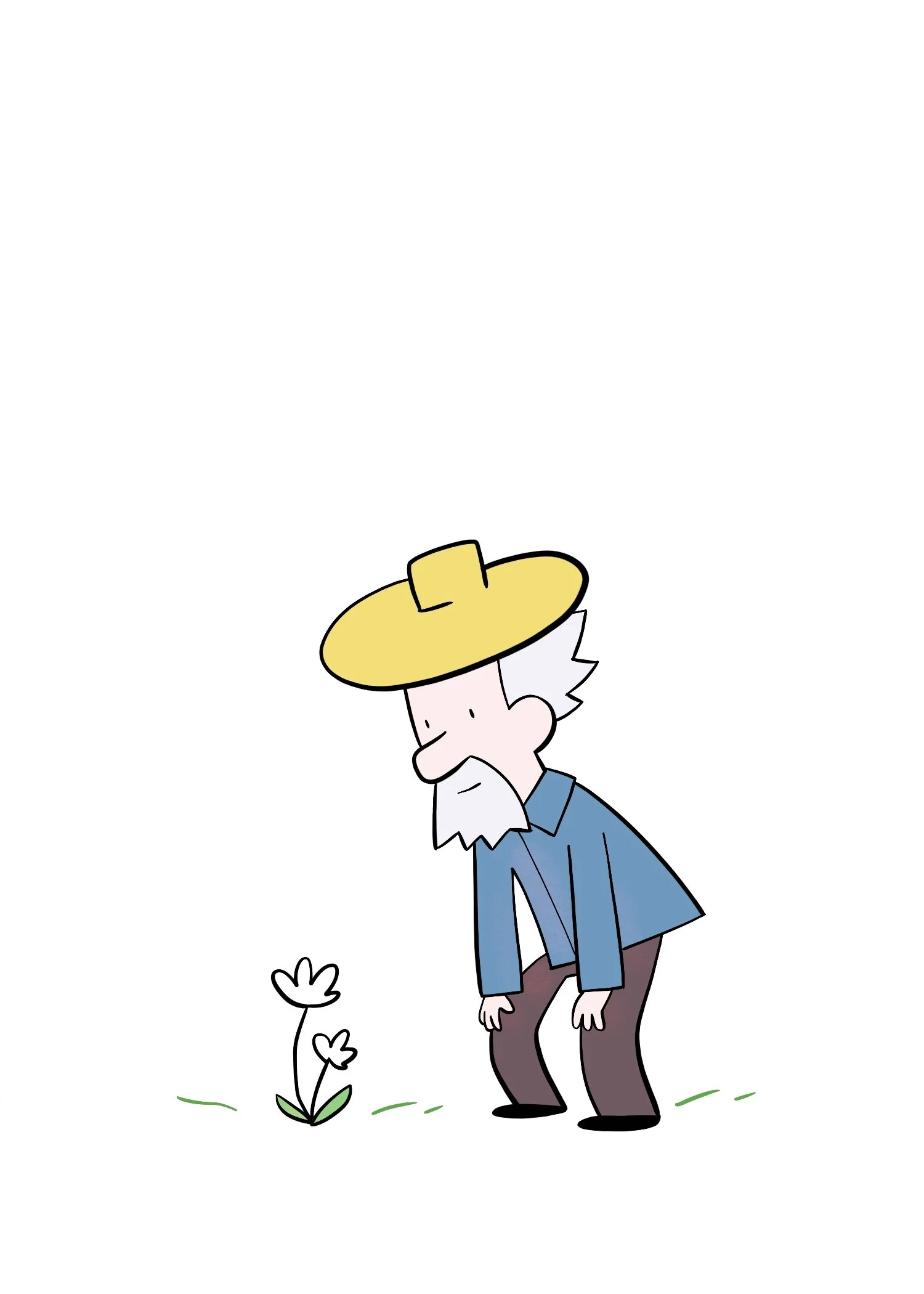 A cartoon of The Poet by Todd Webb - an elderly man with white hair and beard, wearing a blue jacket and brown pants, admiring a small white flower with three heart-shaped leaves in a grassy area.