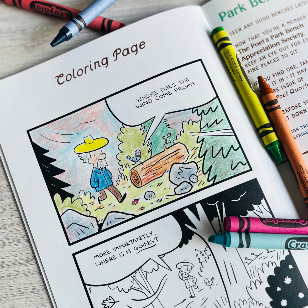 The Poet Quarterly comic book is open to a coloring page featuring a forest scene comic strip with trees, rocks, and fallen logs. Colorful crayons are placed on the page.