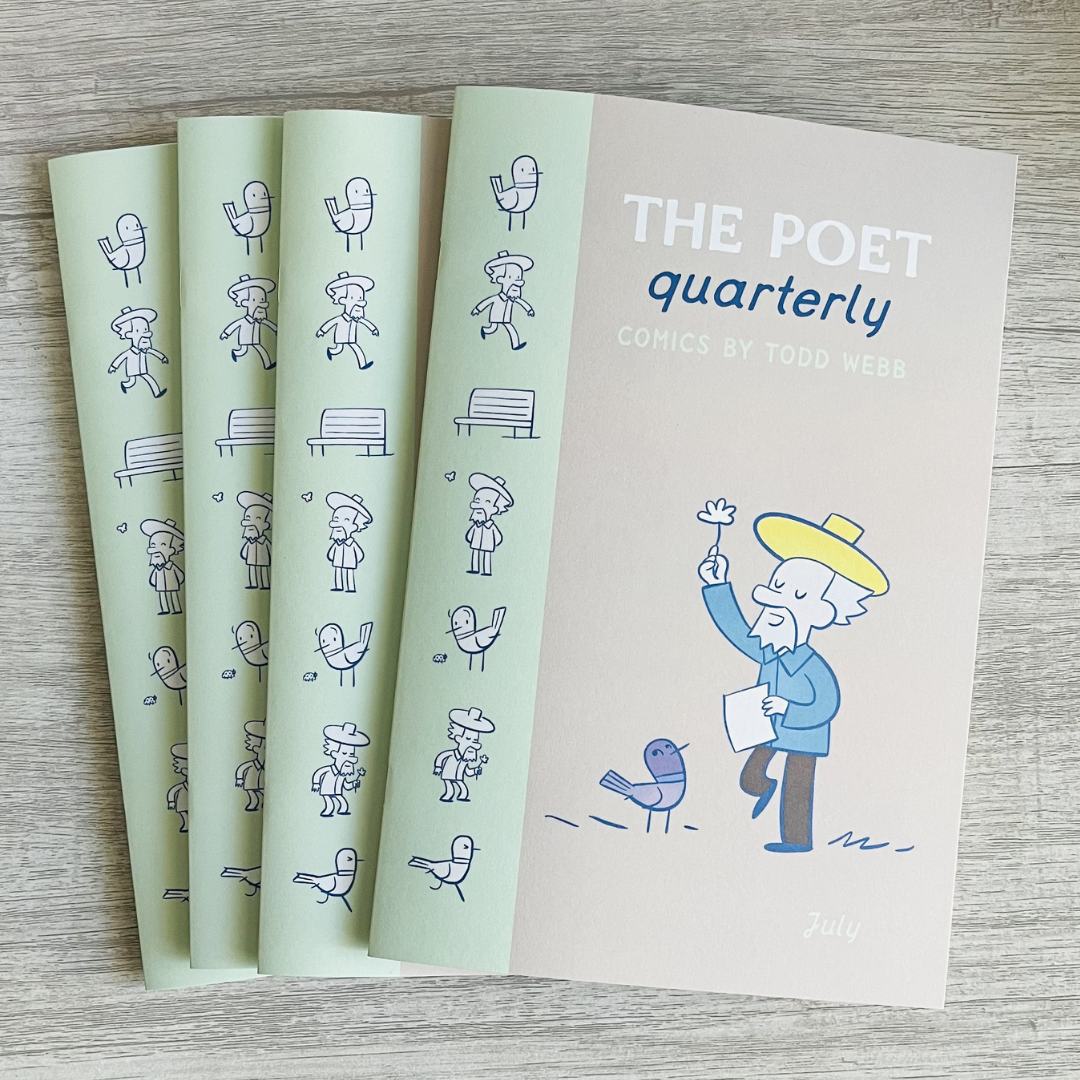 Four comic books fanned out on a wooden surface,  titled 'The Poet Quarterly' by Todd Webb, featuring illustrations of The Poet with a hat and a pigeon.