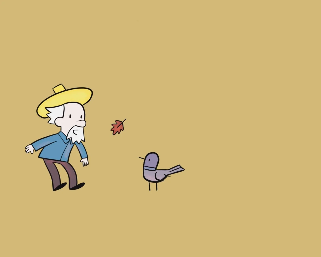 The Poet and Pigeon cartoon characters - A cartoon man with white hair and a beard, wearing a yellow hat and blue shirt, is walking outdoors with a bird nearby. They are watching a falling red maple leaf.