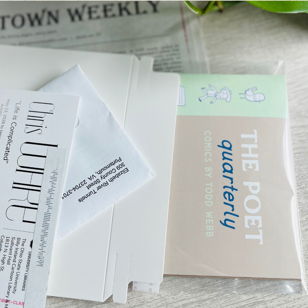 A close-up of The Poet Quarterly mail club comic book by Todd Webb sticking out of an envelope amidst an array of mail - letters, postcards, and newspapers - spread on a light wooden surface.
