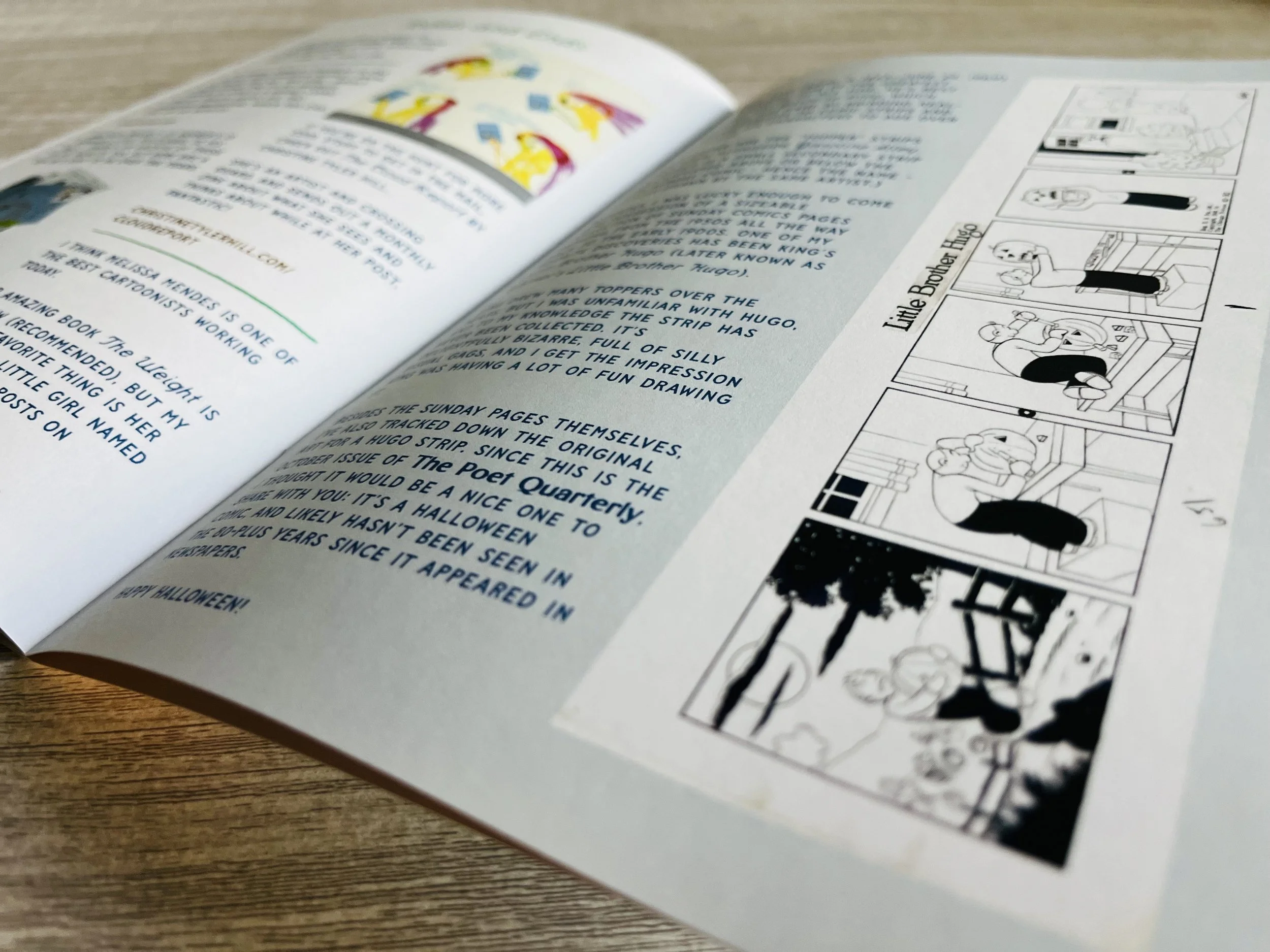The Poet Quarterly October 2026 issue, opened to a spread that displays original artwork by Frank King of the strip Little Brother Hugo