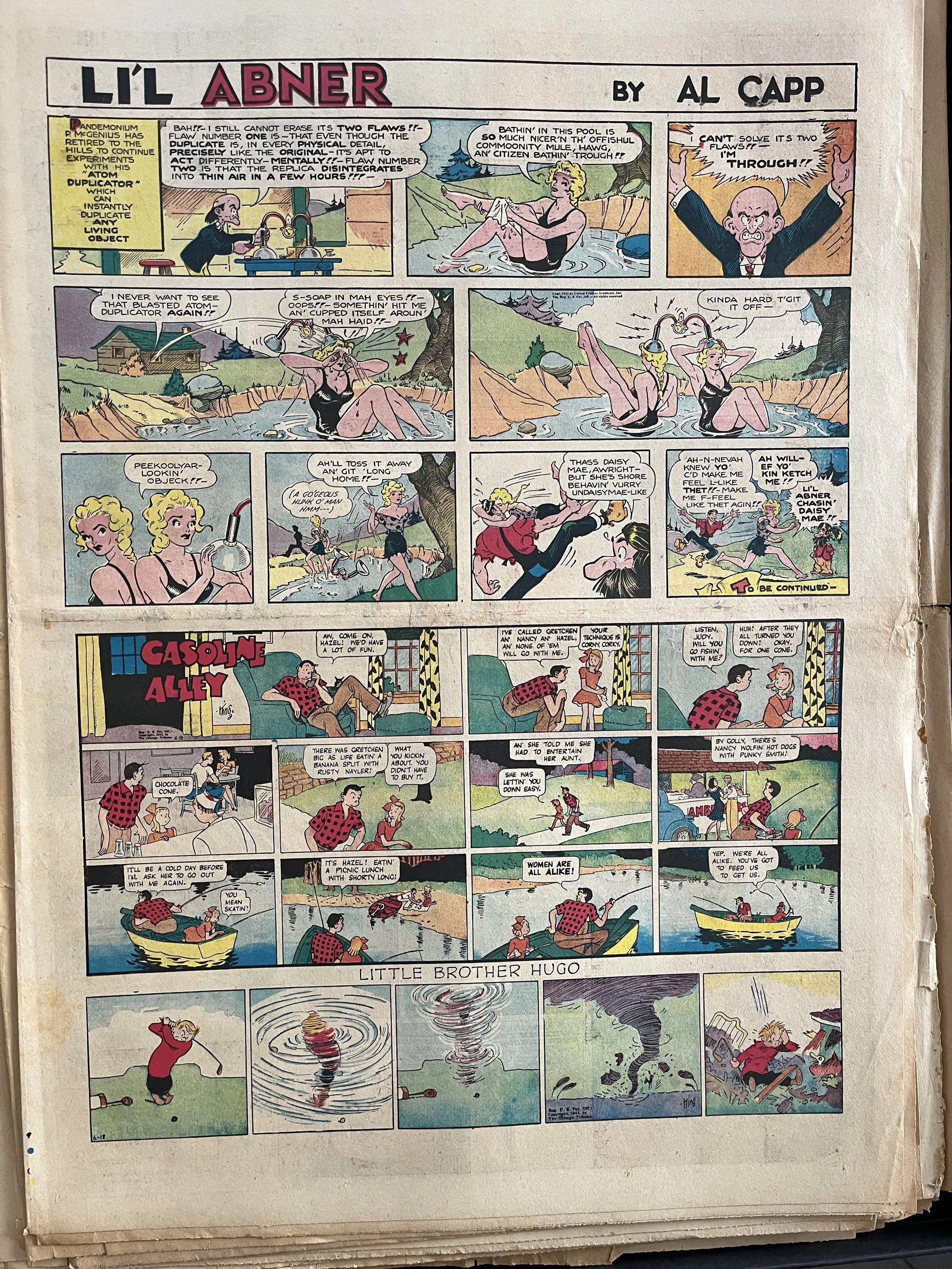 Sunday comics page from 1944 featuring Li'l Abner, Gasoline Alley, and Little Brother Hugo
