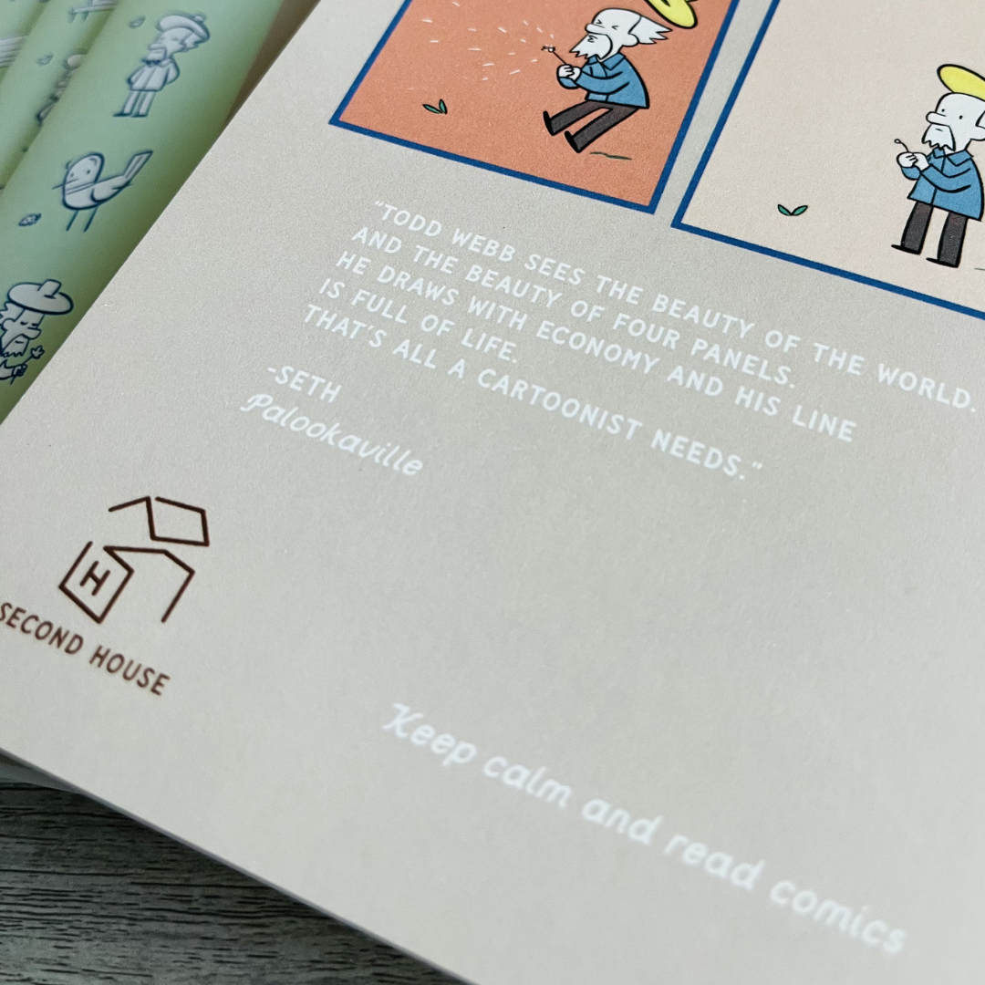 Close-up of the back cover of The Poet Quarterly comic book by Todd Webb, featuring a comic and a paragraph of text with a quote about cartooning by Seth of Palookaville. Part of the logo for 'SECOND HOUSE' is also visible.