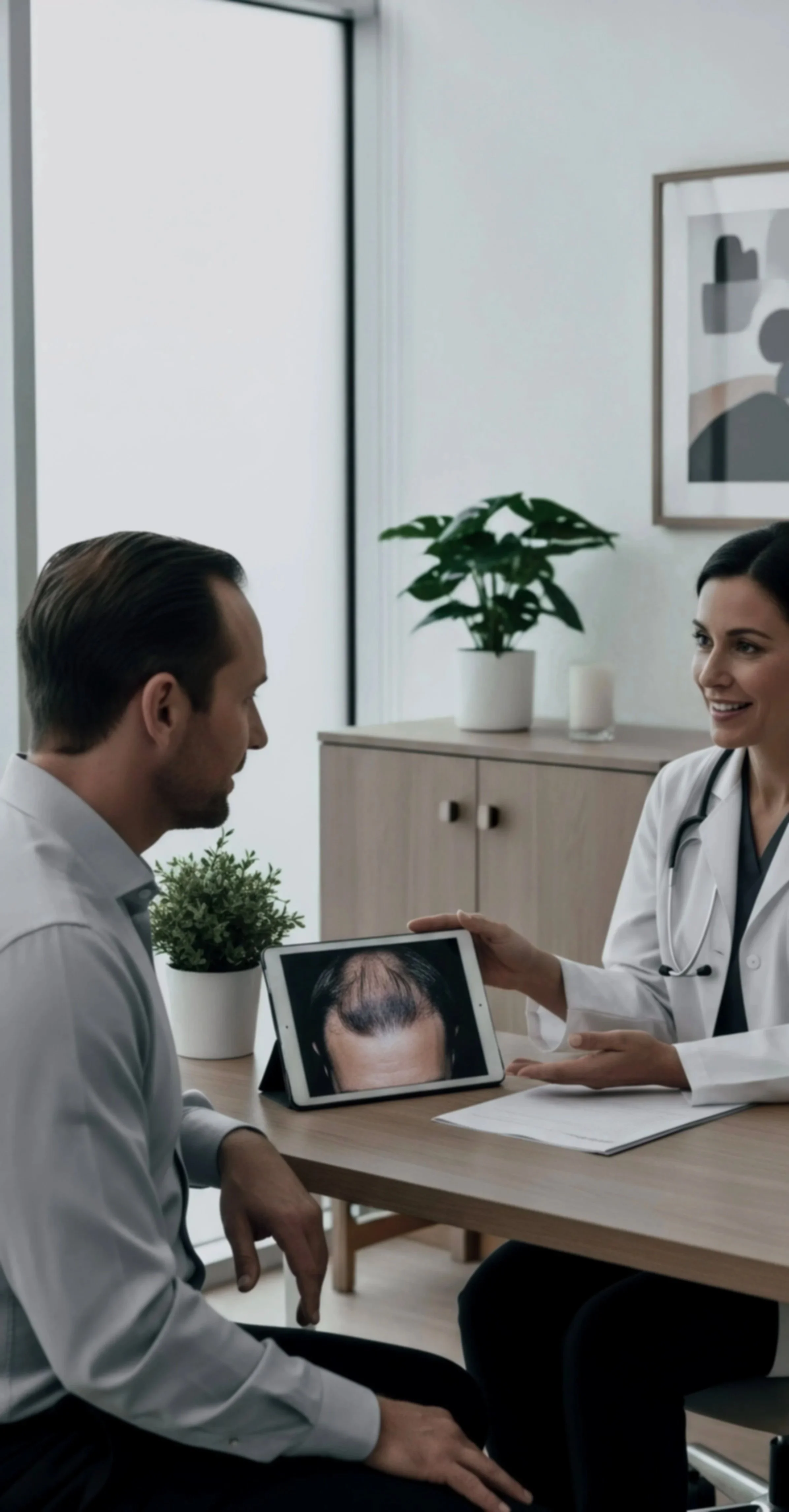 Hair loss specialist reviewing male hair thinning during a personalized hair and scalp consultation