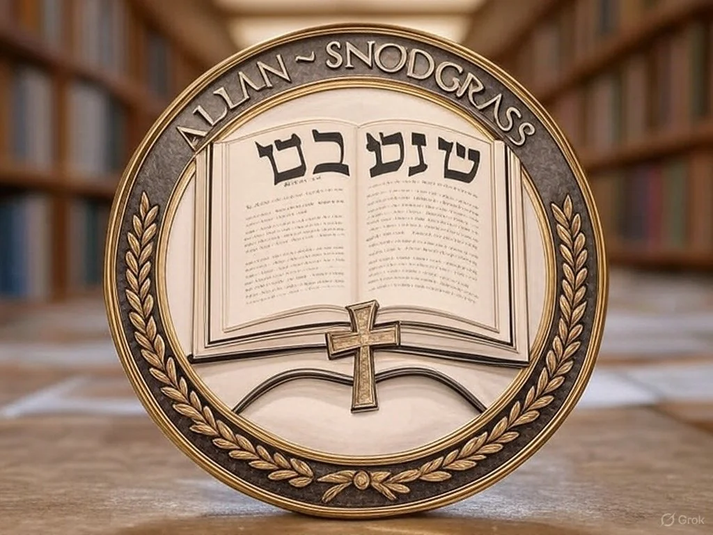 A circular emblem with the words 'ALL NATIONS - SNODGRASS' on the outer edge. Inside, there is an open Bible with Hebrew text and a cross beneath.