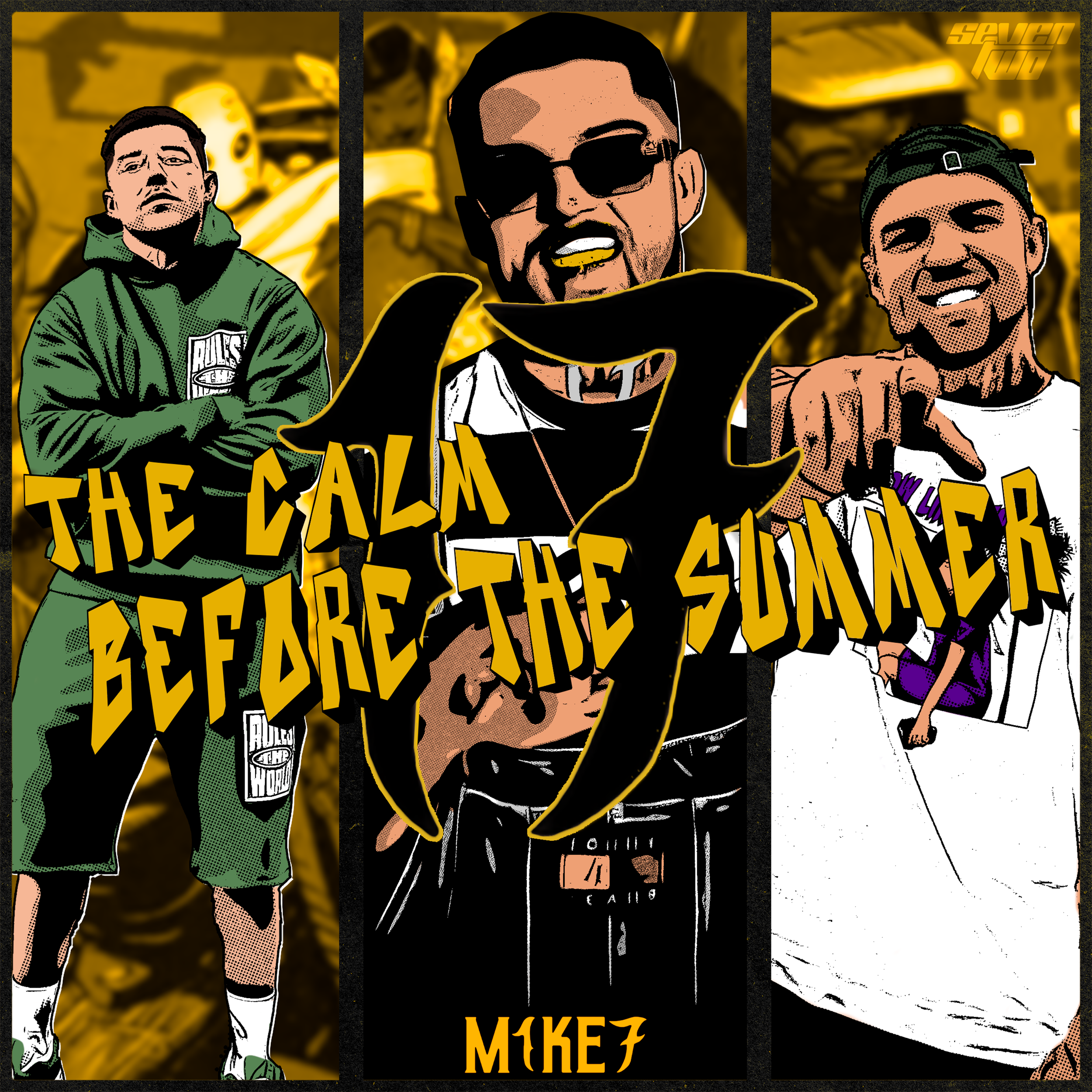 Comic-style image of three men with the text 'The Calm Before the Summer' and 'Mike7'. The first man on the left wears a green hoodie and shorts, the middle man wears sunglasses and a black jacket, and the man on the right wears a white T-shirt and a backward cap.
