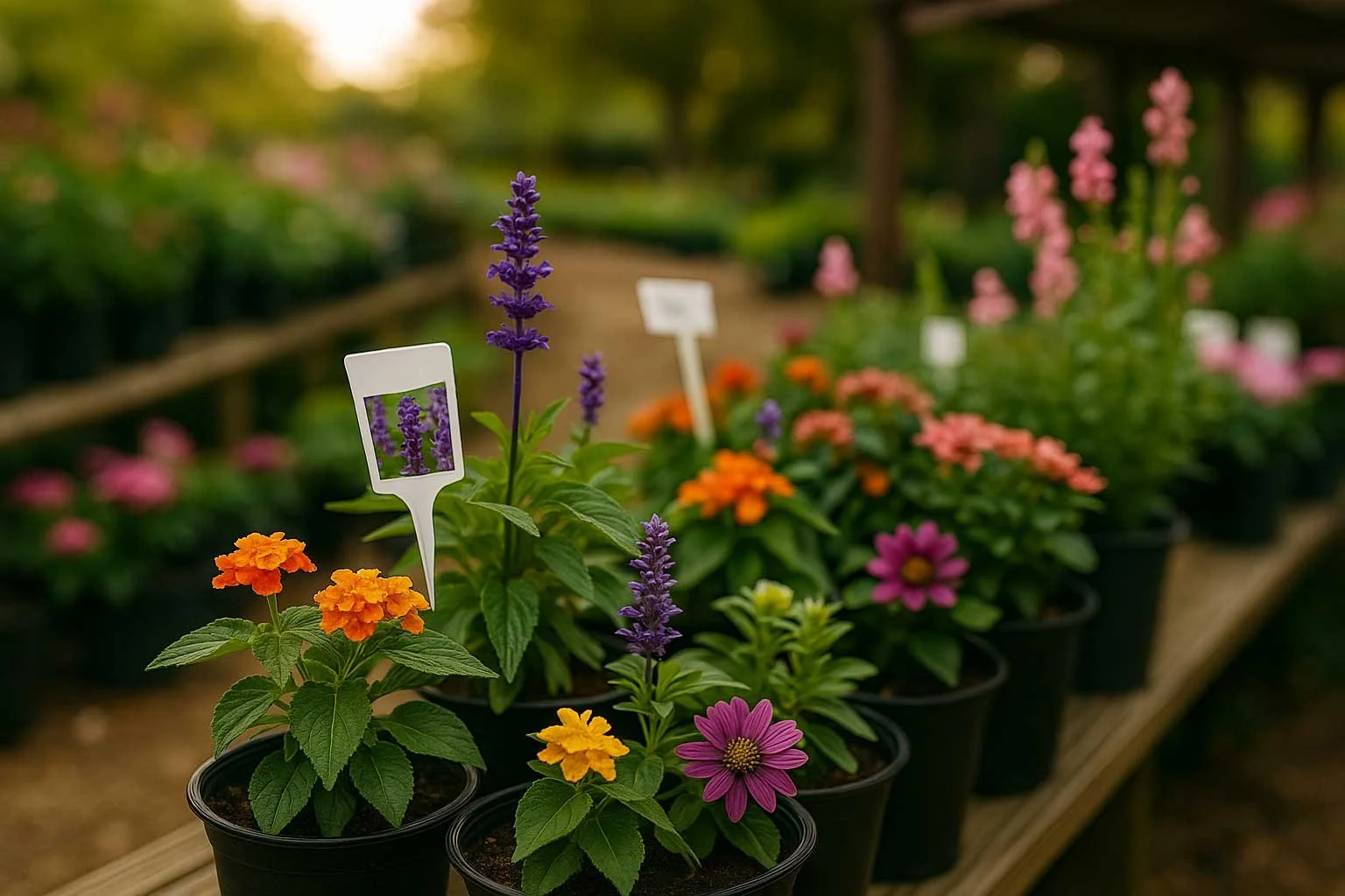 Colorful potted flowers, including purple, orange, pink, and yellow blooms, arranged on a wooden table at a garden center.