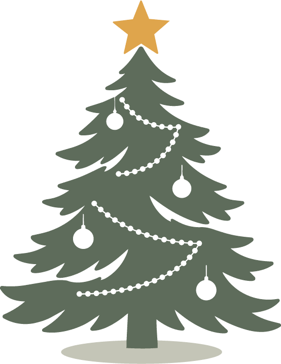 A decorated Christmas tree with a yellow star on top, black baubles, and string lights. The tree is set against a black background.