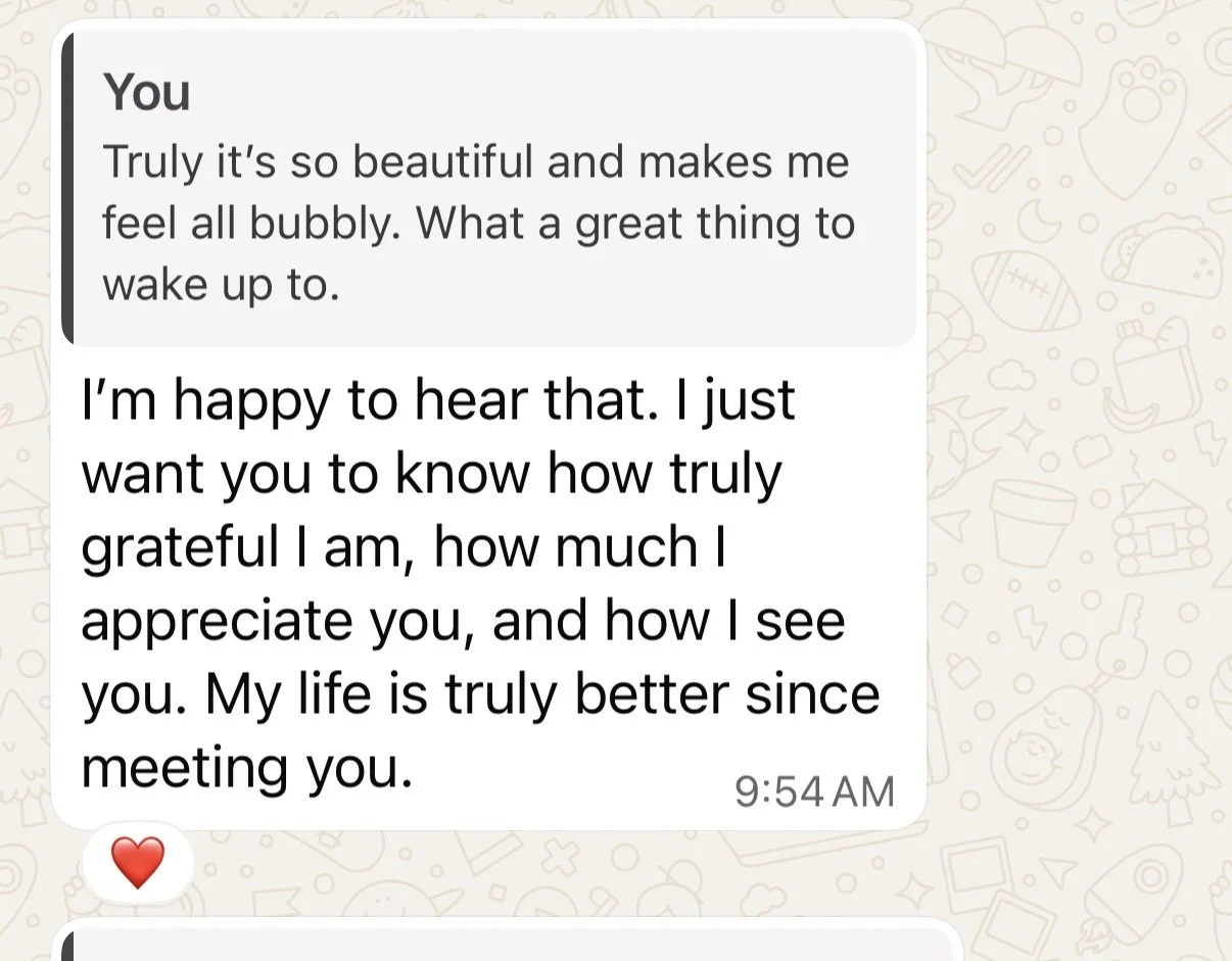 Screenshots of a text message conversation with a heartfelt message about gratitude and appreciation, ending with a red heart emoji.