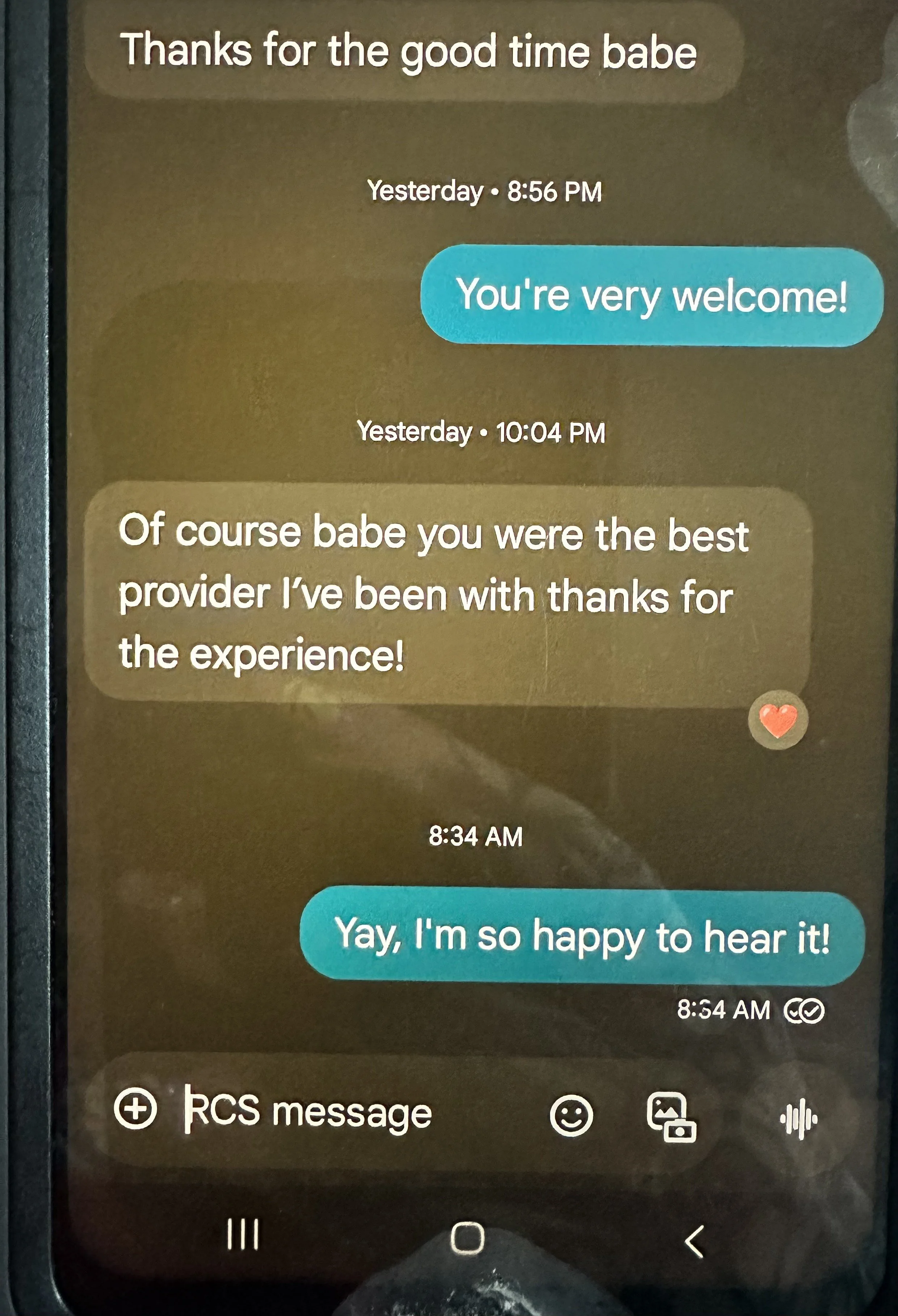 Screenshot of a text message conversation on a phone, where the conversation expresses gratitude and happiness, with a green heart emoji visible.