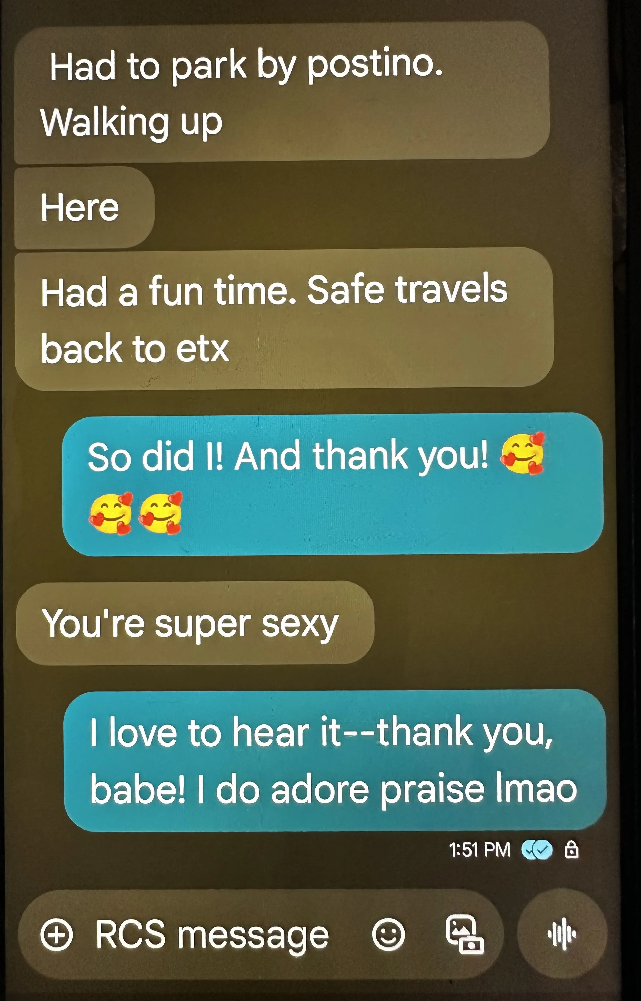A screenshot of a text message conversation on a phone. The messages include casual and affectionate language with emojis, discussing parking, travel, and expressing love and compliments.