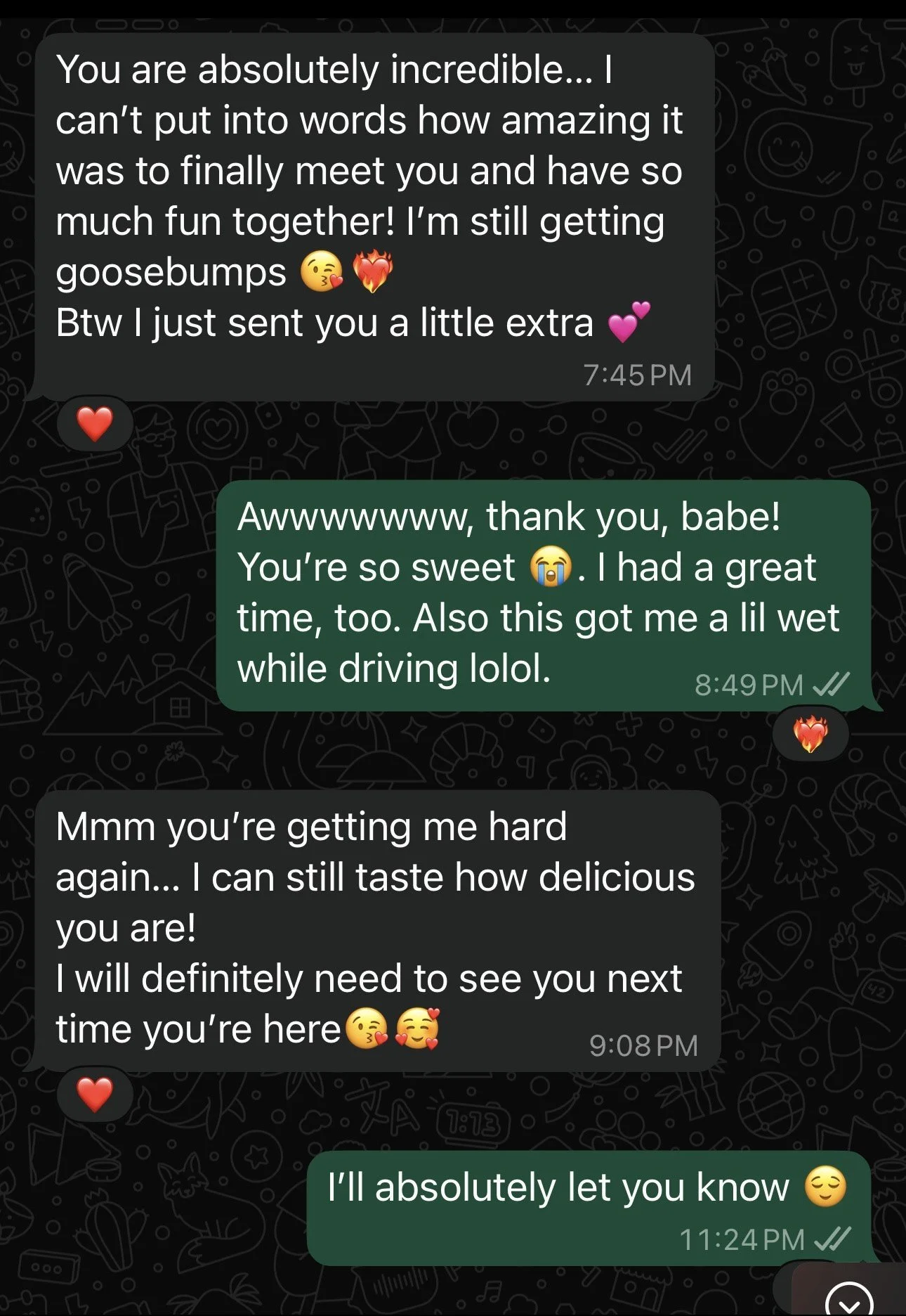A WhatsApp conversation with heartfelt messages between two people, expressing love, affection, and plans to meet again.