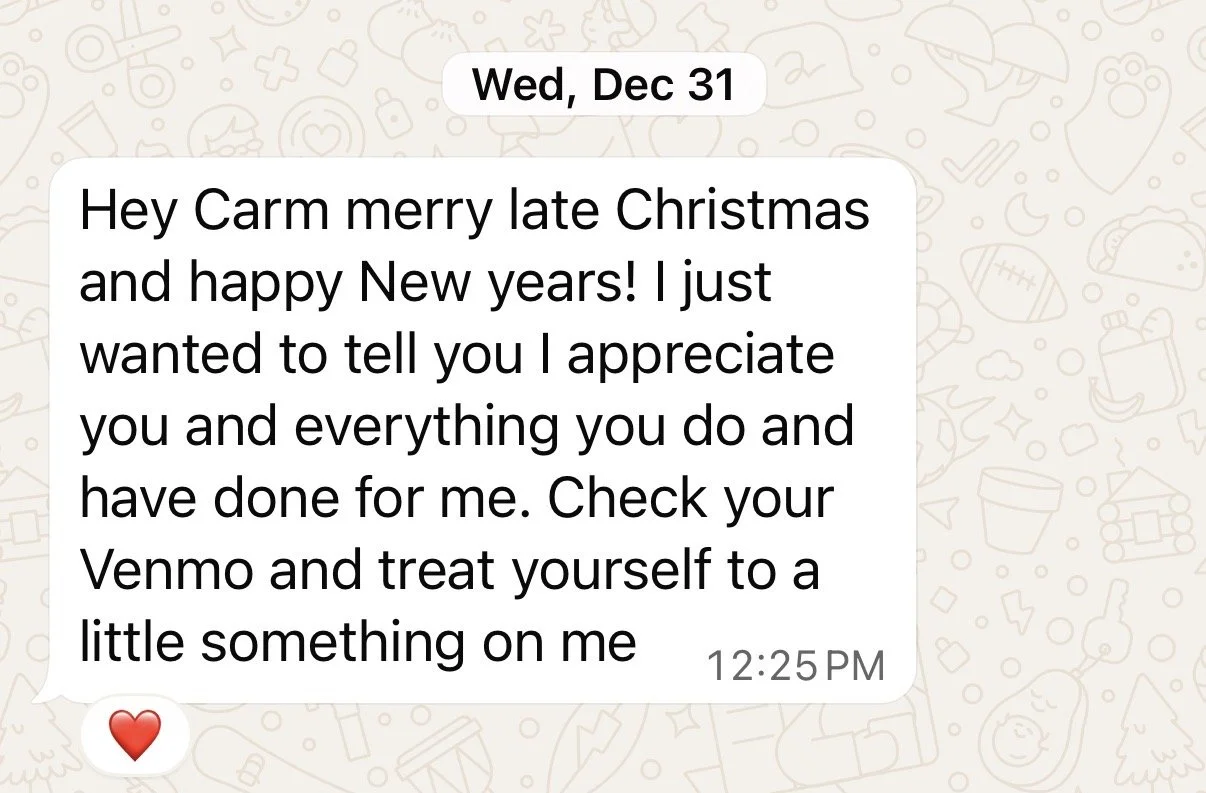 A screenshot of a WhatsApp message conversation with a background filled with festive, holiday-themed doodles. The message is dated Wednesday, December 31, and contains a holiday greeting and appreciation message. It also includes a red heart emoji a