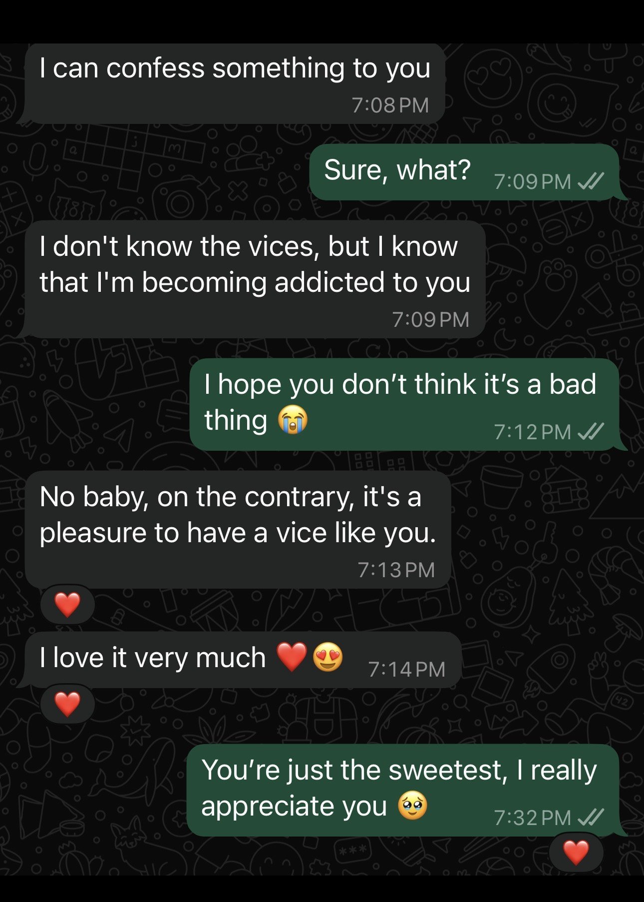 Screenshot of a WhatsApp conversation with heartfelt messages expressing love and appreciation, including emojis like hearts and smiley faces.