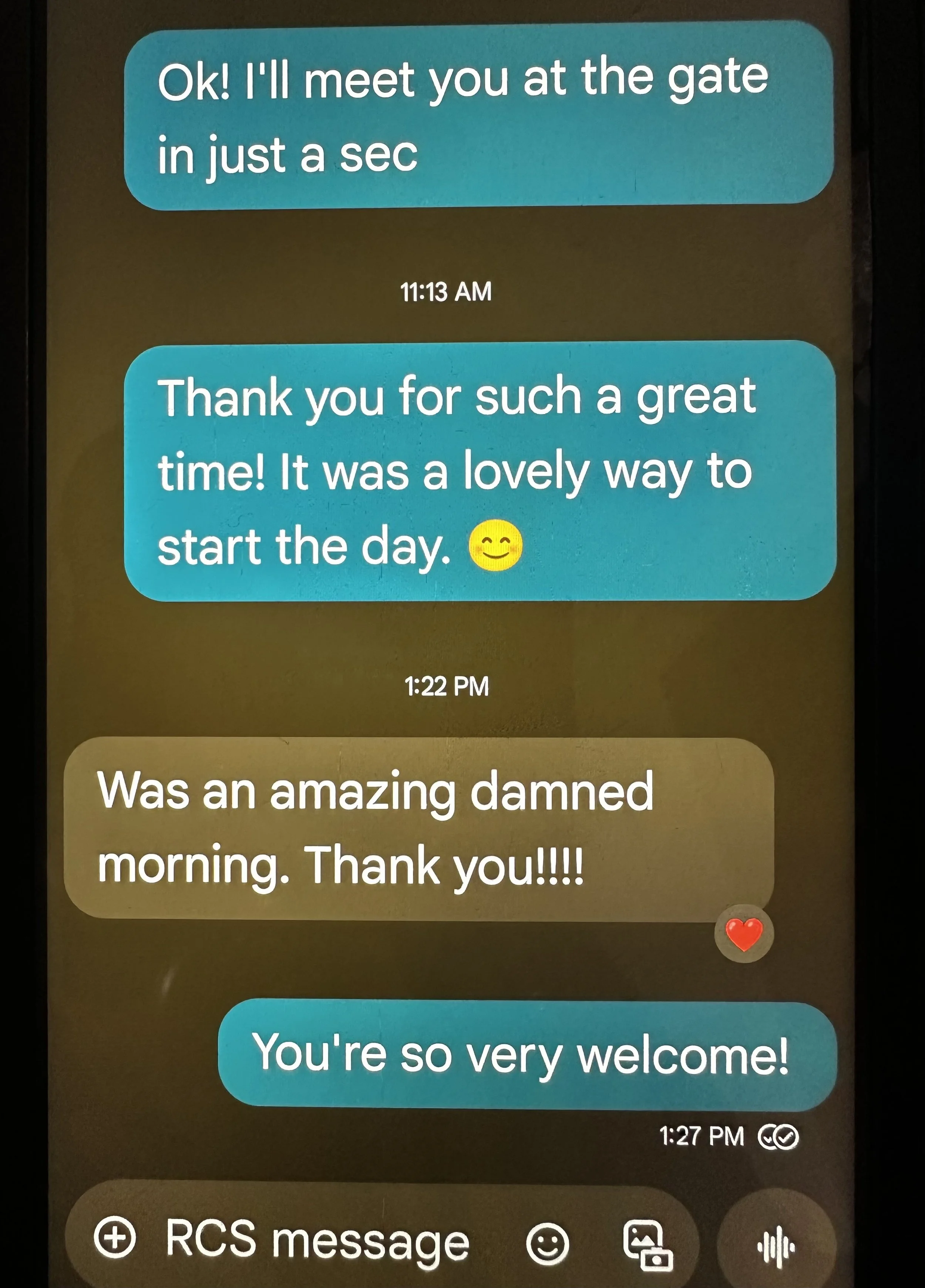 Screenshot of a text message conversation between two people, with one person saying they will meet at the gate shortly, and the other expressing gratitude for a great morning and describing it as a lovely way to start the day.