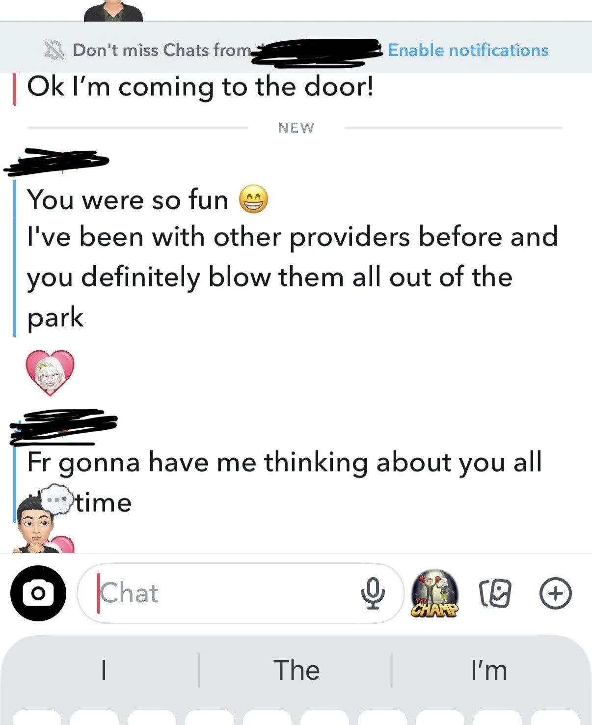 Screenshot of a text message conversation with several users, emojis, and a chat input bar at the bottom.