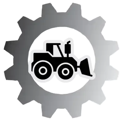 Icon of a tractor inside a gear symbol, representing agriculture or industrial machinery.
