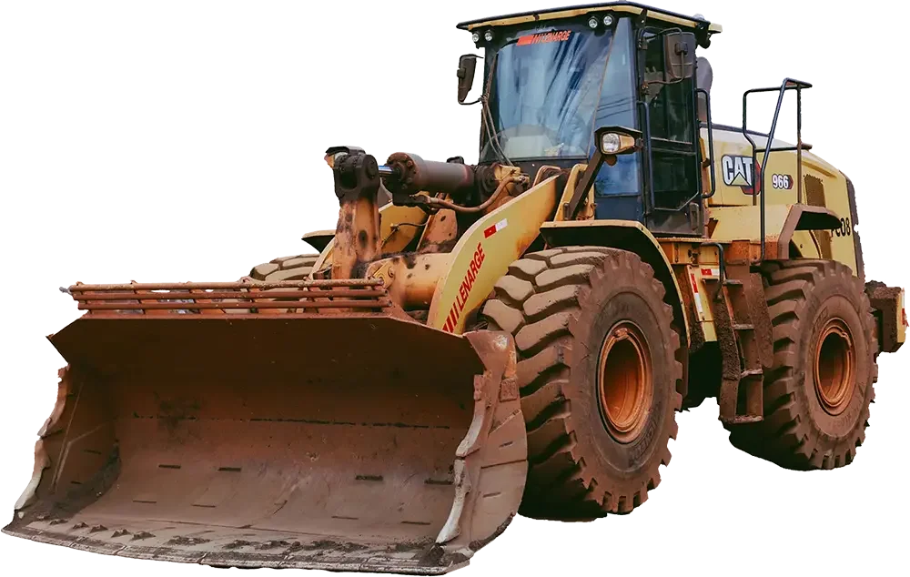 A large yellow CAT bulldozer with black windows and rust accents, featuring thick tires and a big front blade, on a white background.
