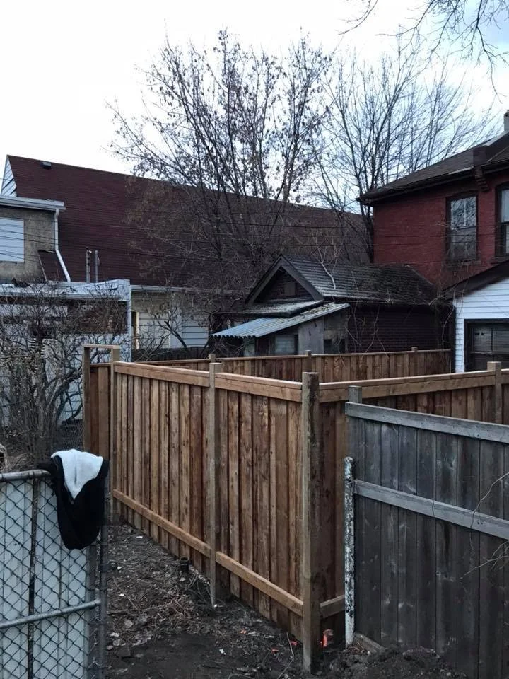 Residential backyard with wooden and wire fences, a shed, and bare trees in winter.