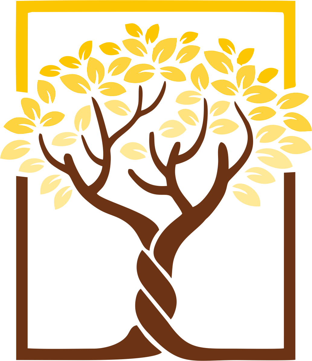 Stylized illustration of a tree with intertwined trunk and yellow leaves, inside a rectangular frame with a yellow border.