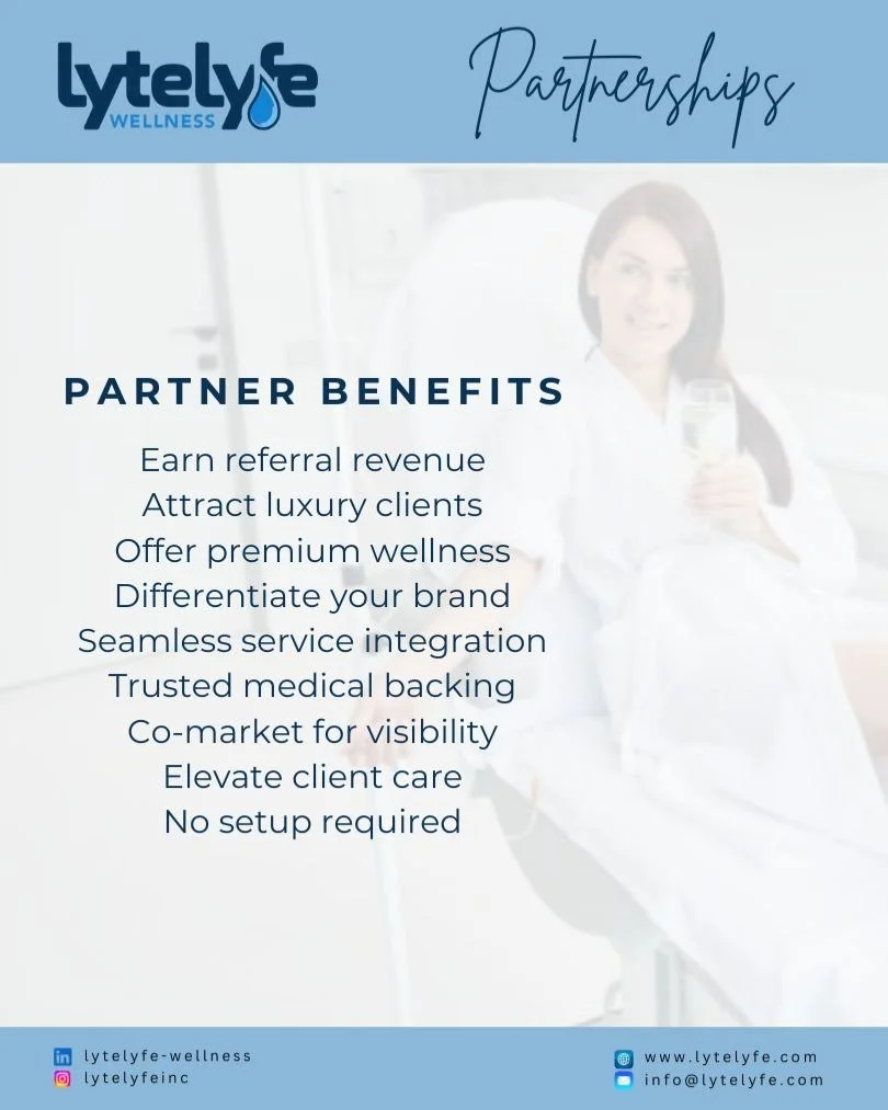 We&rsquo;re all about partnerships that elevate - not just our brand, but yours too.

Whether you're in events, hospitality, wellness, or beauty, teaming up with LyteLyfe means offering your clients a premium IV hydration experience - wherever they a